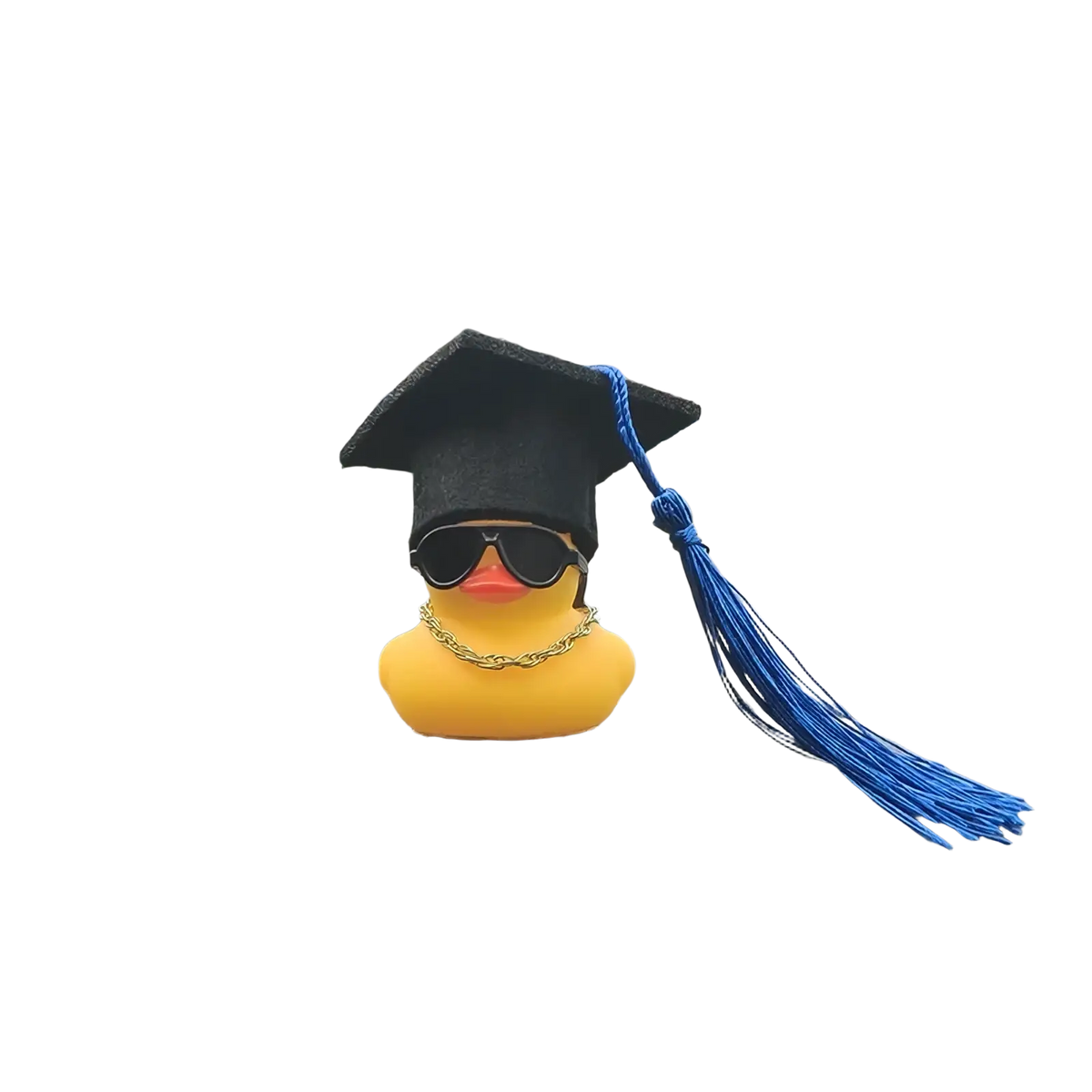 Graduation rubber duck car dashboard ornament in yellow wearing a black graduation cap blue tassel sunglasses and gold chain