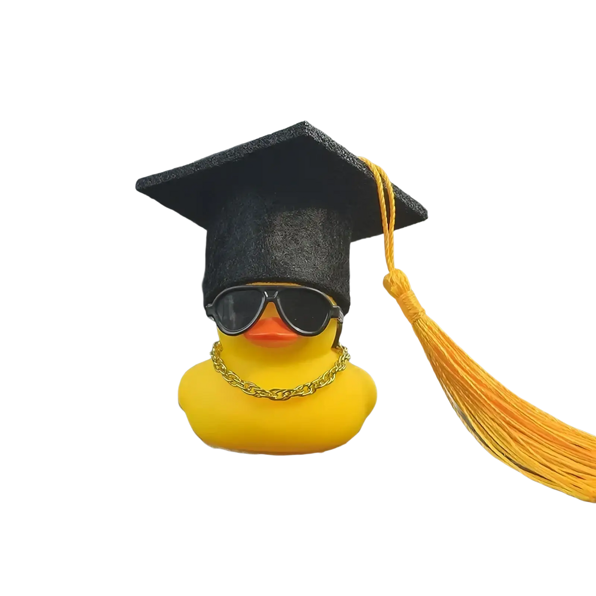 Yellow rubber graduation duck wearing black cap with gold tassel sunglasses and gold chain for car dashboard ornament