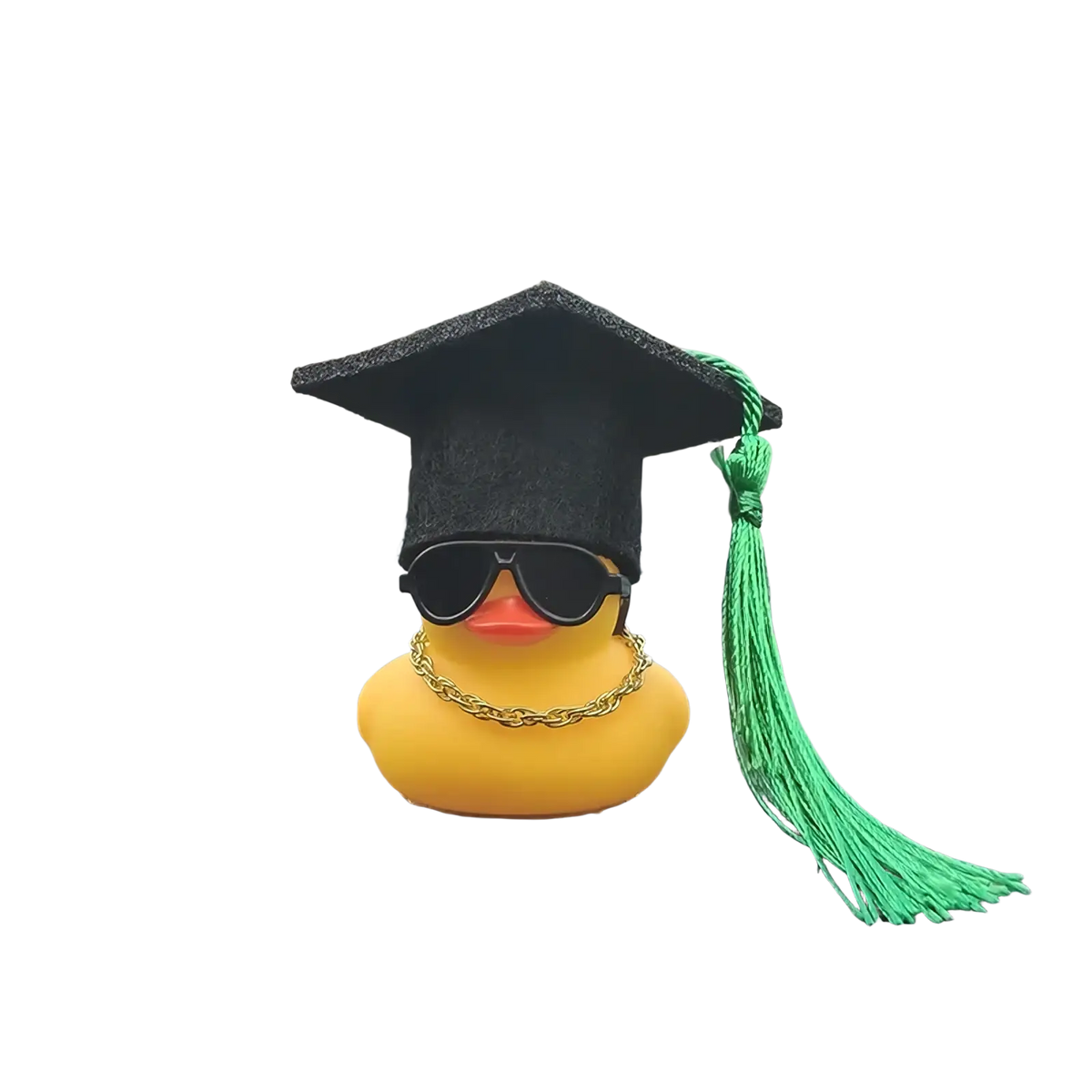 Yellow rubber duck graduation car dashboard ornament wearing black cap with green tassel sunglasses and gold chain necklace