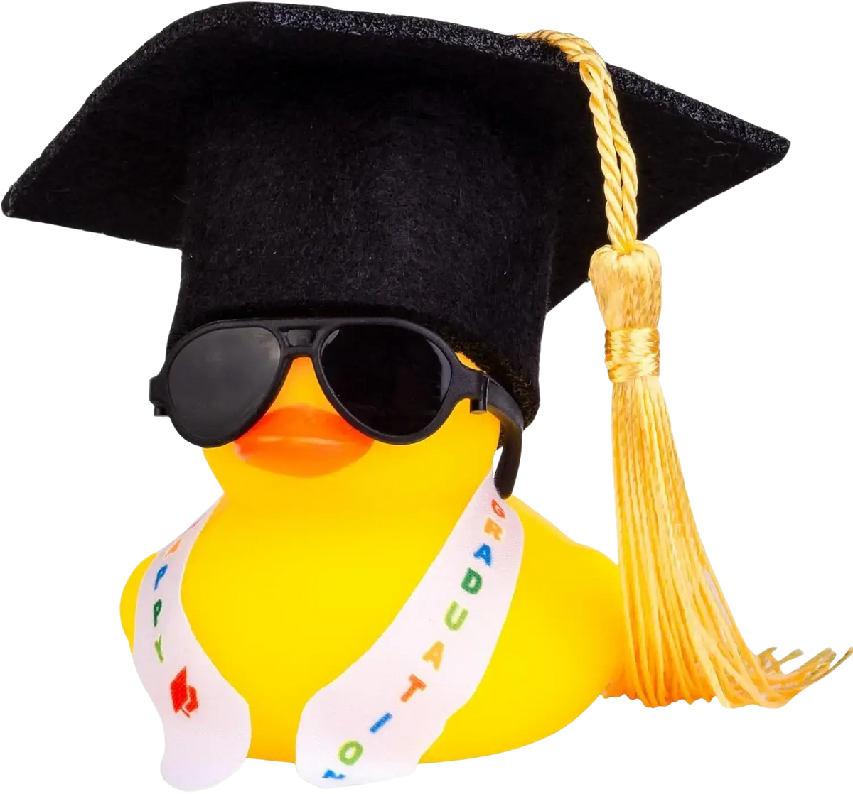 A yellow rubber duck graduation ornament with black cap gold tassel sunglasses and white congratulations sash for car dashboard