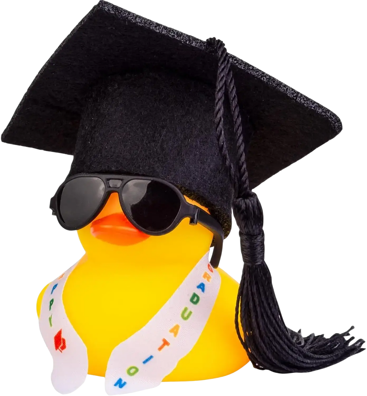 Graduation rubber duck car dashboard ornament in yellow rubber with black cap sunglasses and congratulations sash