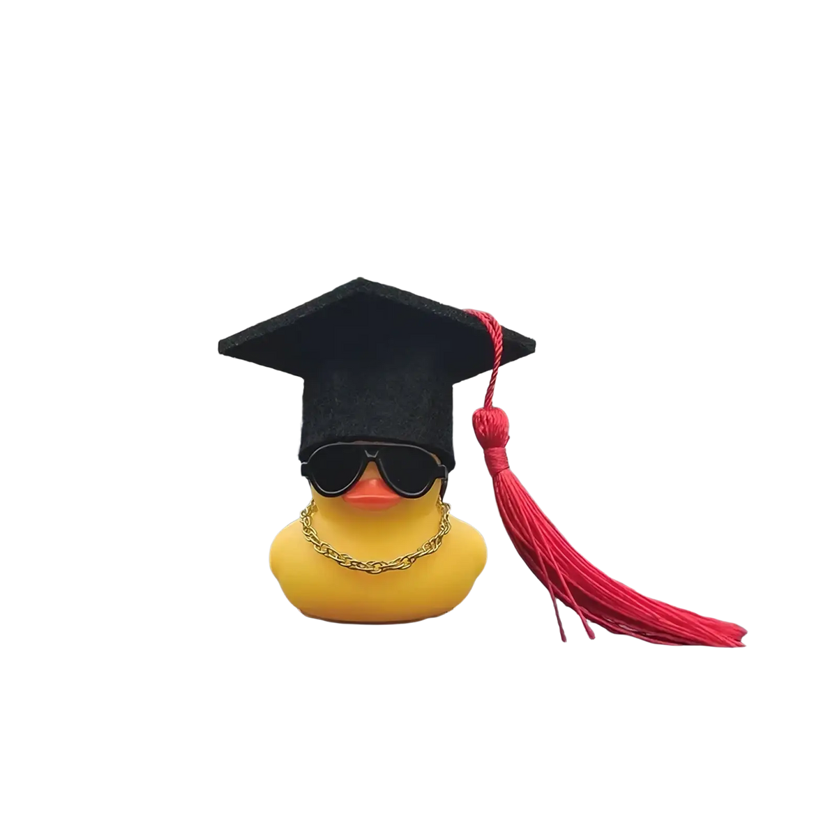 Yellow rubber graduation duck dashboard ornament wearing a black cap with red tassel sunglasses and gold chain