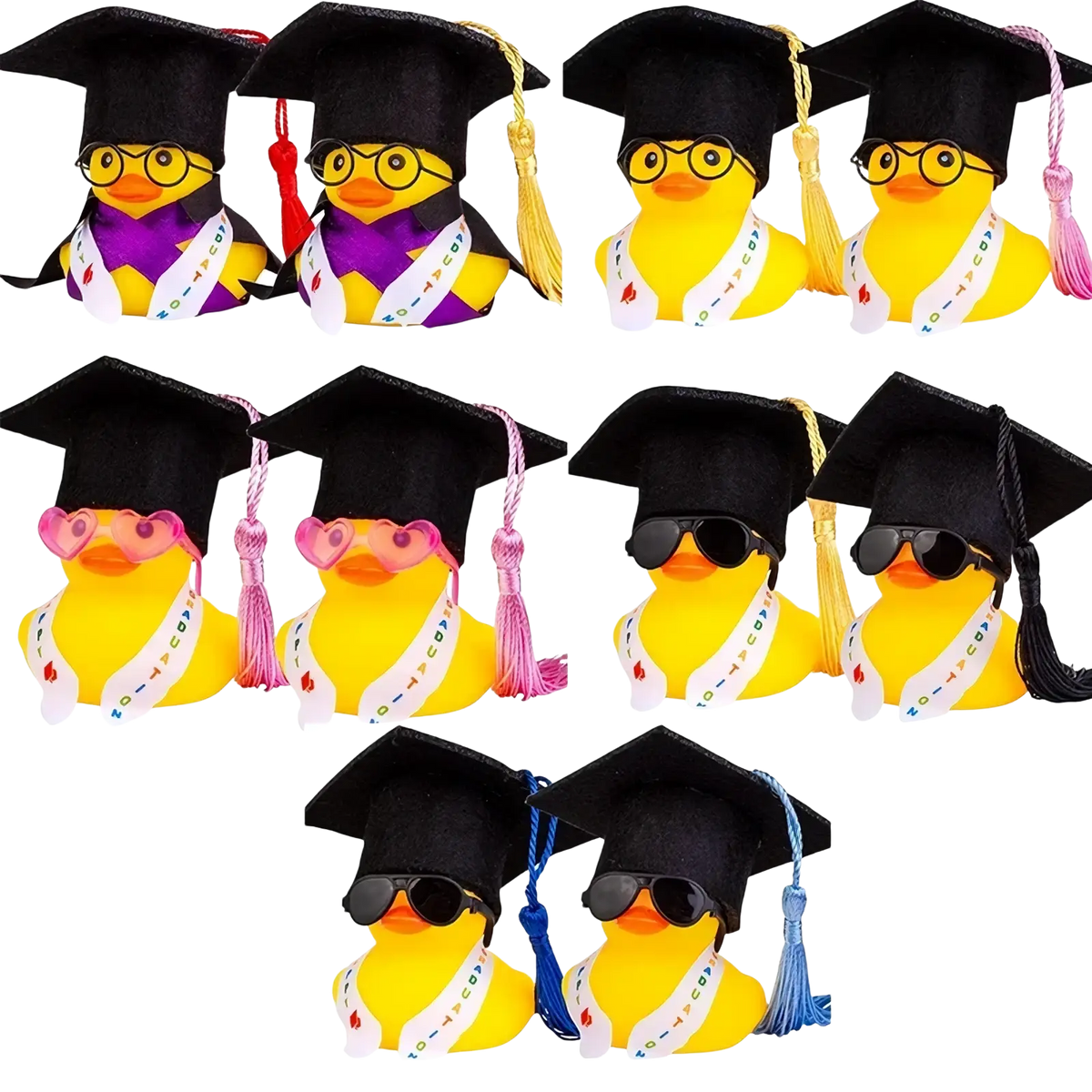 Yellow rubber duck graduation party favors wearing black mortarboard caps and colorful sunglasses for car dashboard ornament