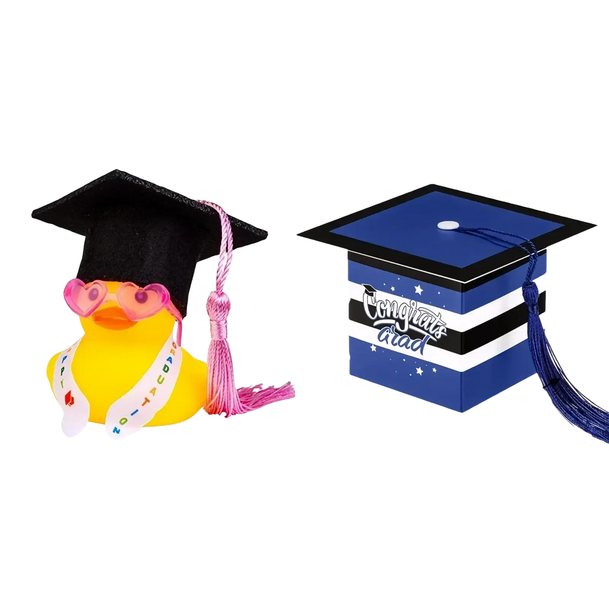 Yellow rubber duck in a graduation cap with heart sunglasses and a white congratulations grad sash car dashboard ornament