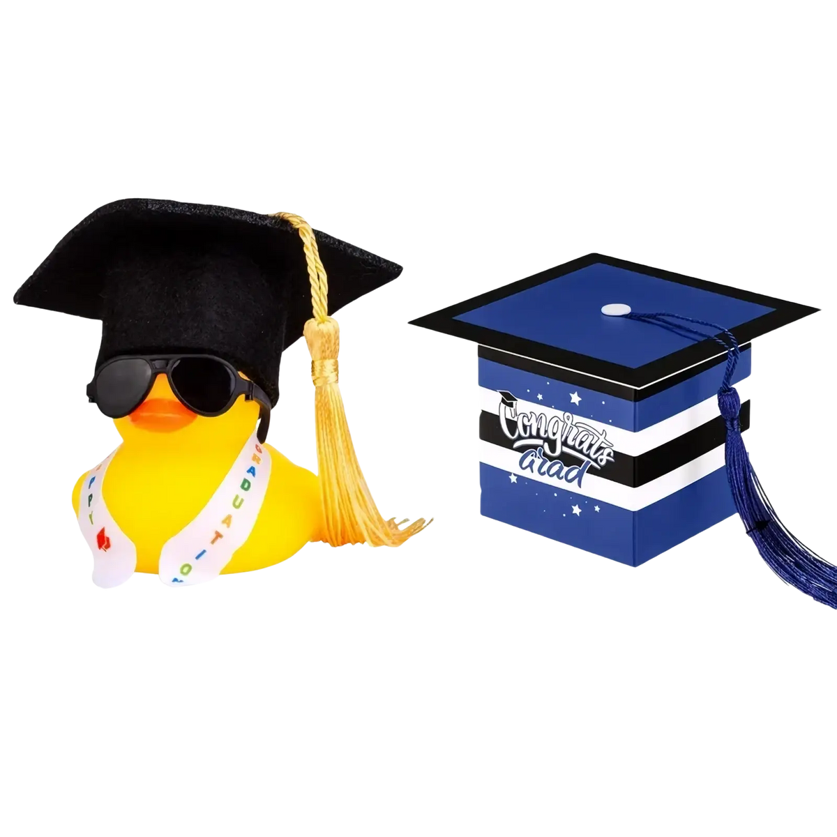 Graduation rubber duck car dashboard ornament yellow rubber duck with black graduation cap gold tassel and congrats sash