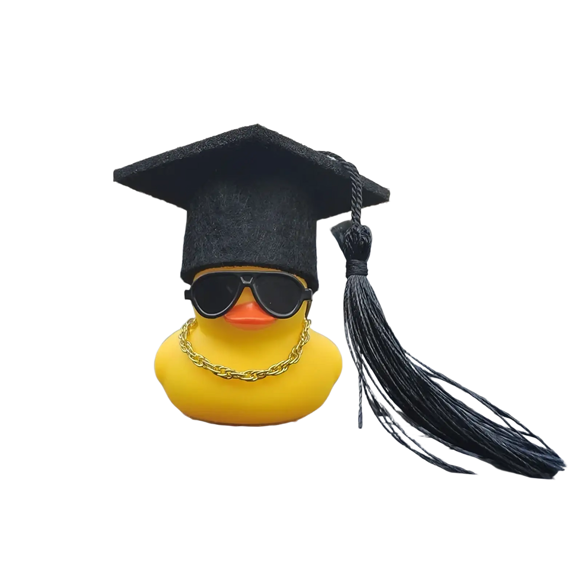 Yellow rubber graduation duck ornament with black cap tassel sunglasses and gold chain for car dashboard display