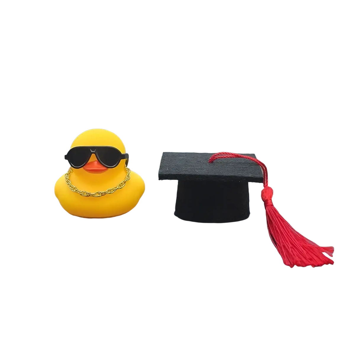 Yellow rubber graduation duck with black sunglasses and gold chain necklace car dashboard ornament