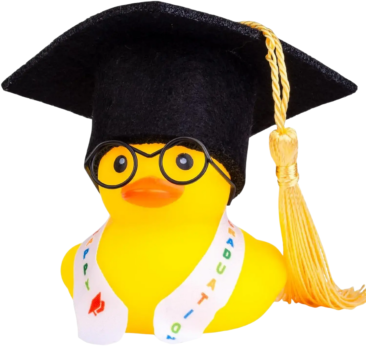 Graduation rubber duck car dashboard ornament yellow rubber duck wearing black cap and white happy graduation sash