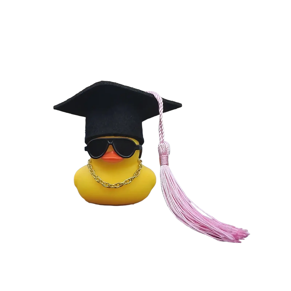 A yellow rubber duck dashboard ornament wearing a black graduation cap with pink tassel sunglasses and gold chain necklace