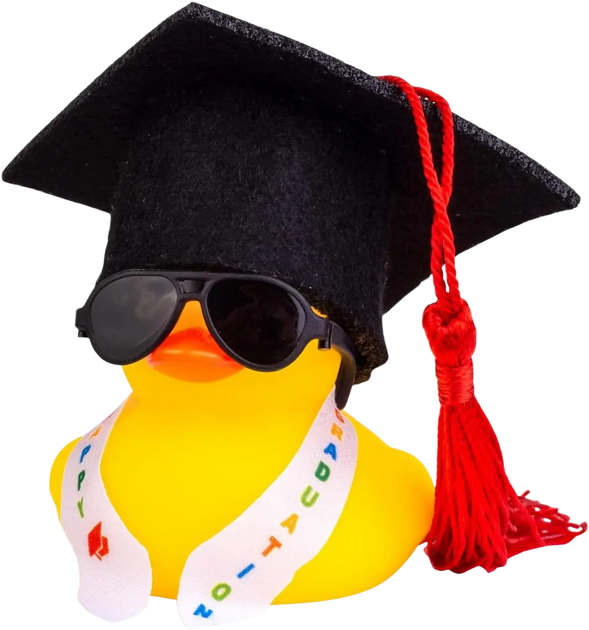 A yellow rubber duck graduation ornament with black cap red tassel sunglasses and white happy graduation sash