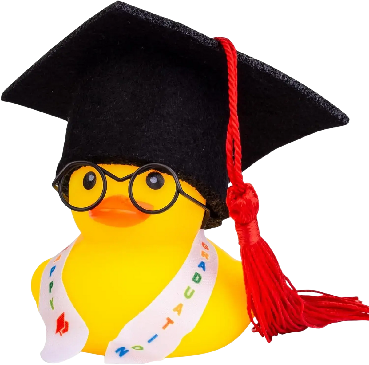 Yellow rubber duck graduation car dashboard ornament wearing black cap with red tassel glasses and white sash papy 20-1acuard