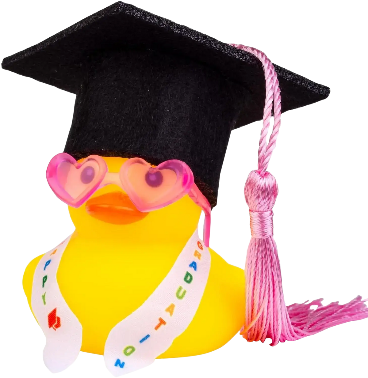 Graduation rubber duck car dashboard ornament yellow with black cap pink sunglasses and white sash with rainbow letters