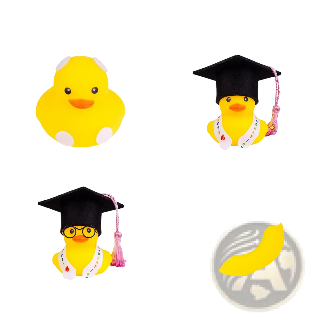 Yellow rubber graduation duck wearing a black cap with pink tassel and white sash for car dashboard ornament