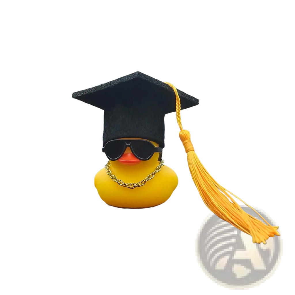 Yellow rubber duck graduation car dashboard ornament with black cap gold tassel sunglasses and gold chain necklace