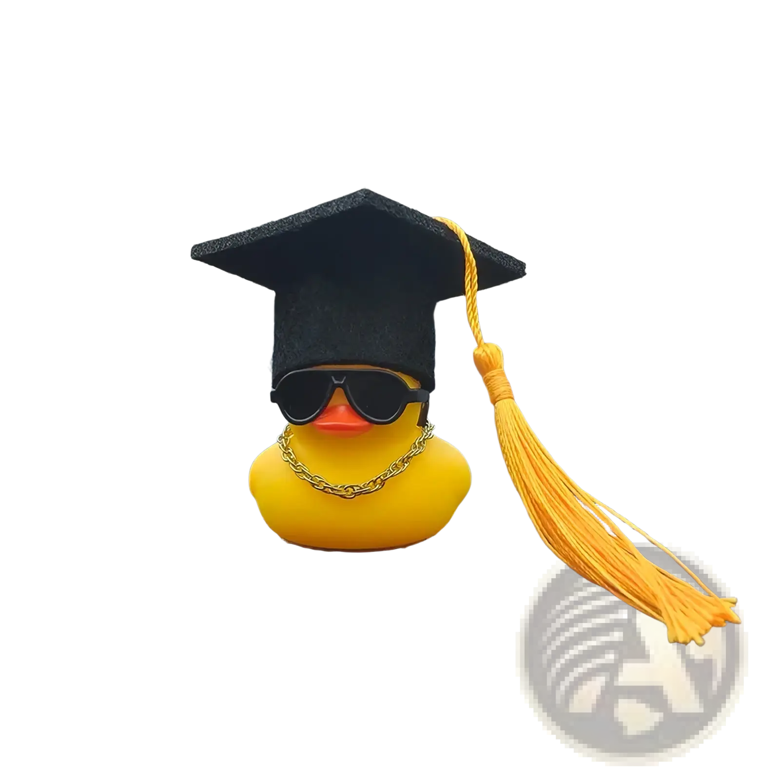 Yellow rubber duck graduation car dashboard ornament with black cap gold tassel sunglasses and gold chain necklace