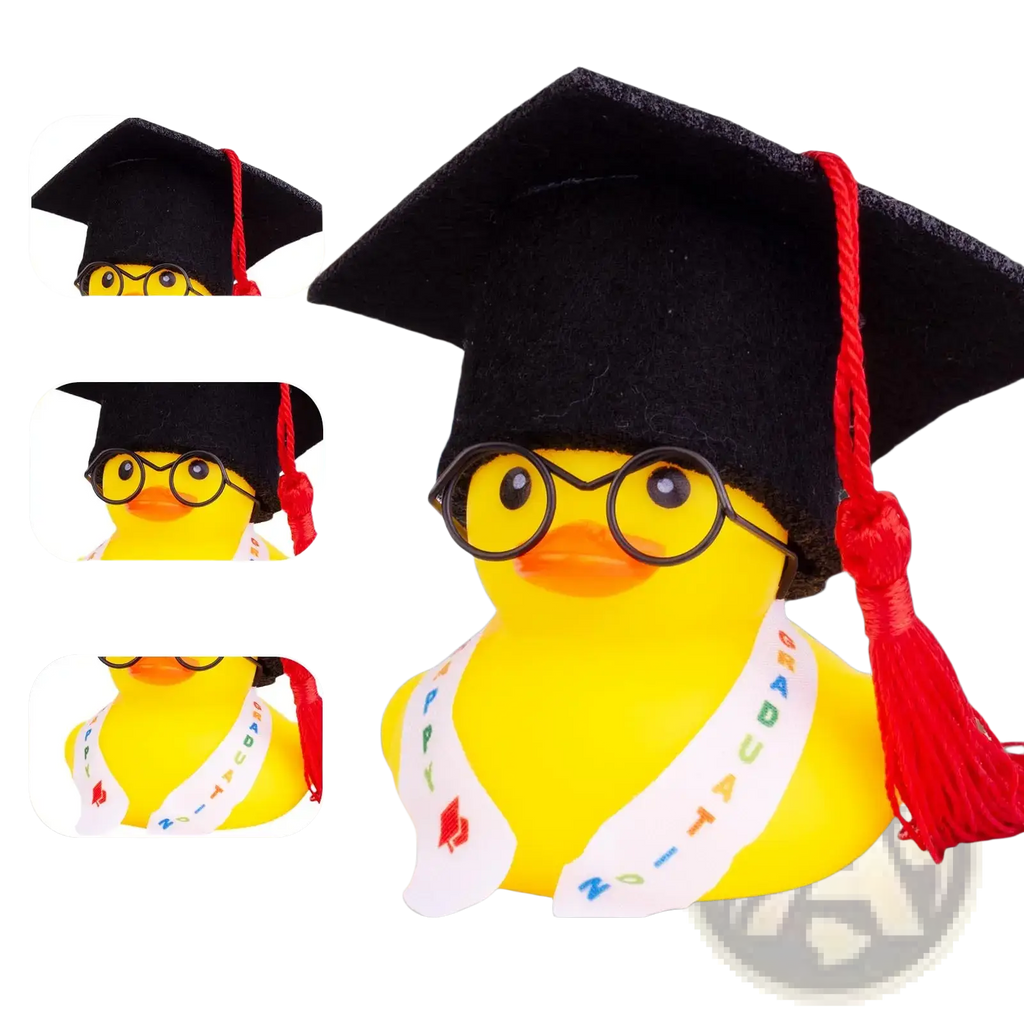 Yellow rubber graduation rubber duck dashboard ornament wearing black cap with red tassel glasses and white sash