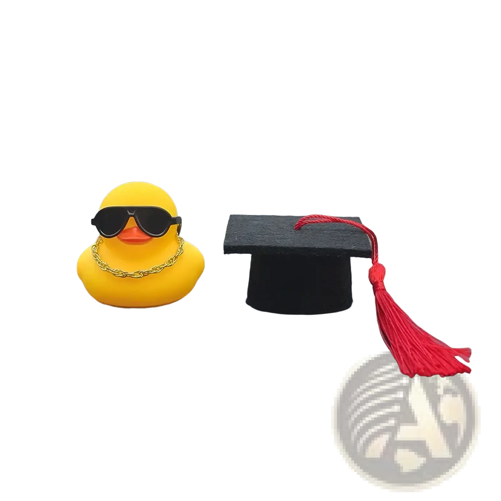 Yellow rubber graduation duck with black sunglasses and gold chain necklace car dashboard ornament