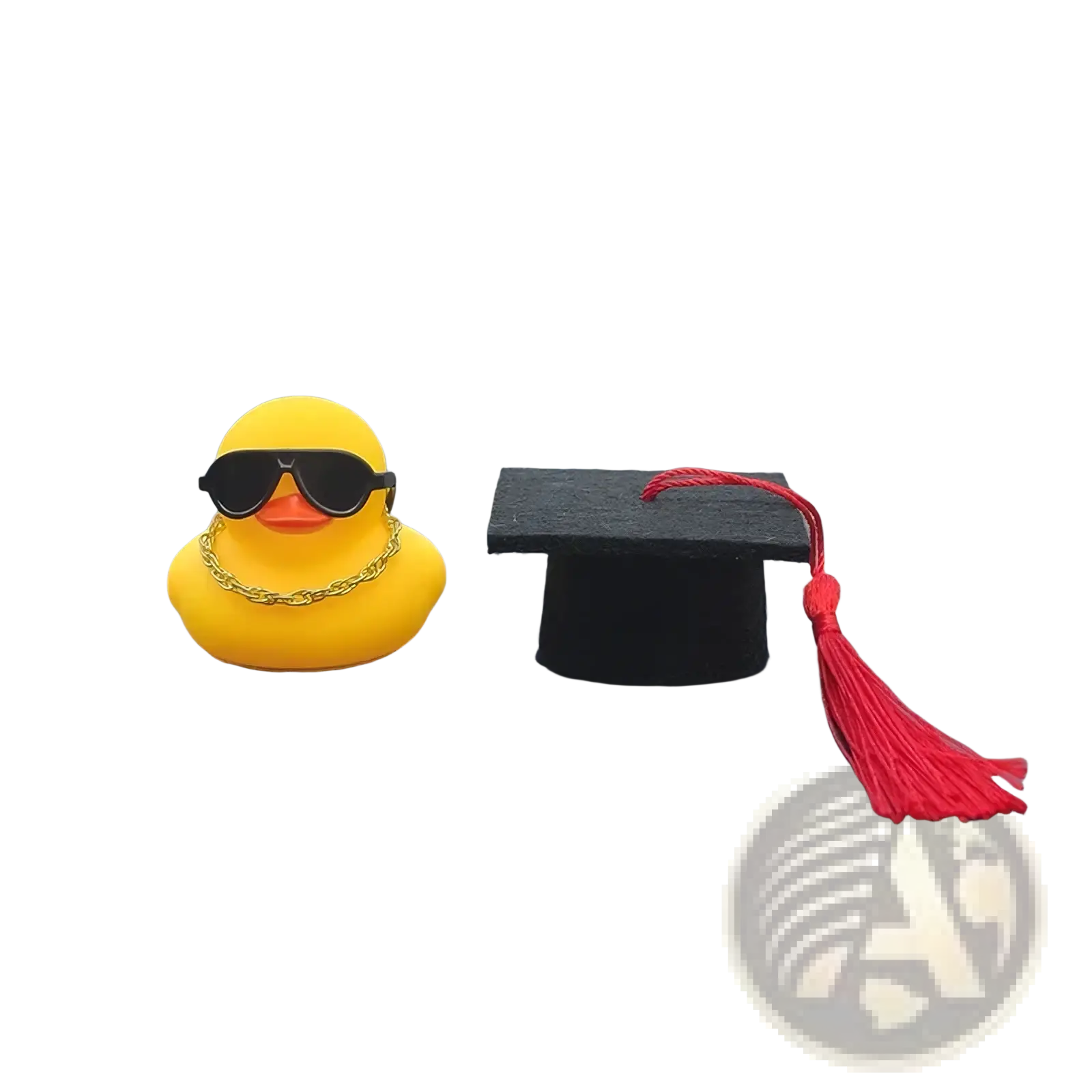 Yellow rubber graduation duck with black sunglasses and gold chain necklace car dashboard ornament