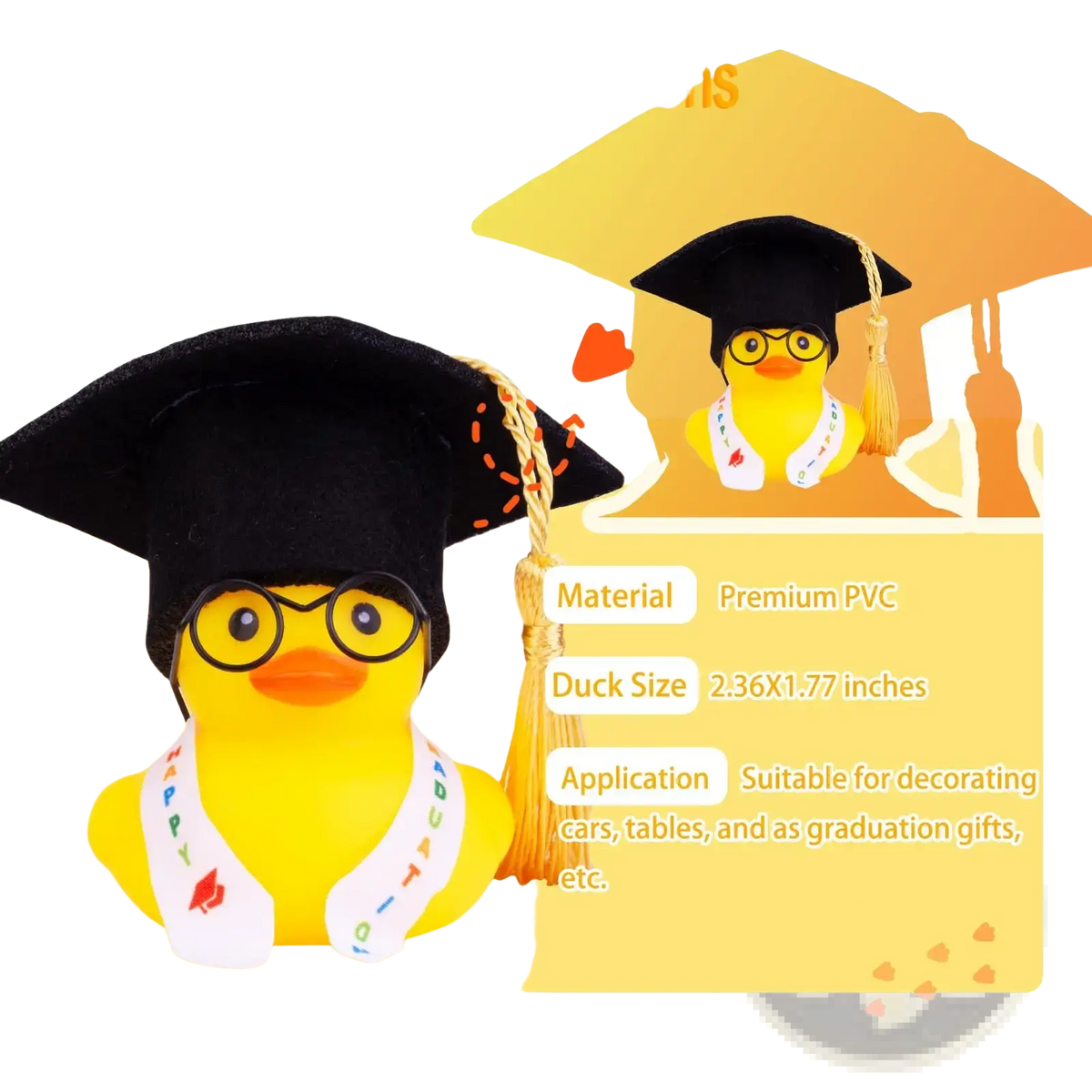 Yellow rubber graduation rubber duck car dashboard ornament with black cap glasses and happy graduation sash