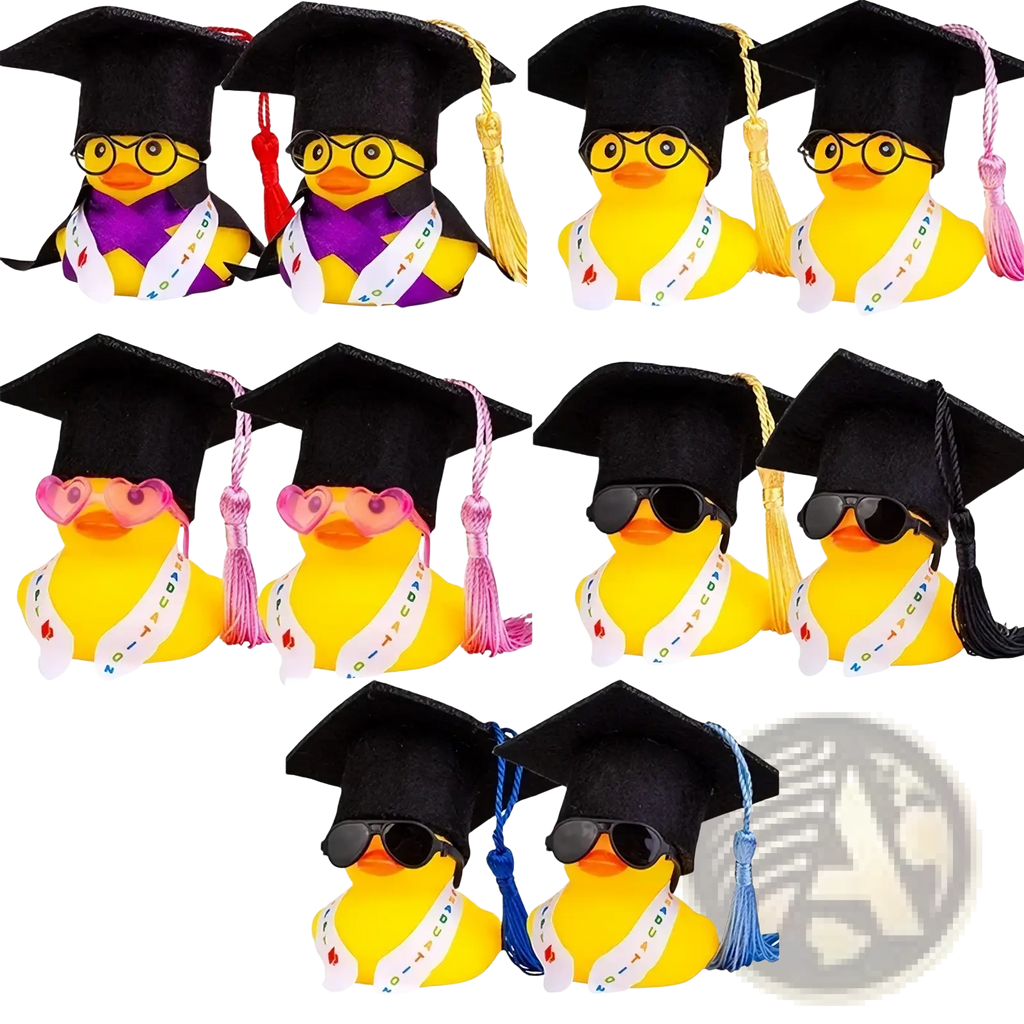 Yellow rubber duck graduation party favors wearing black mortarboard caps and colorful sunglasses for car dashboard ornament