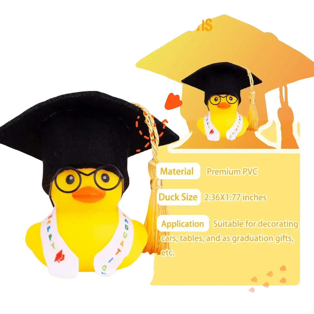 Yellow graduation-themed rubber duck wearing black cap and glasses with white sash car dashboard ornament