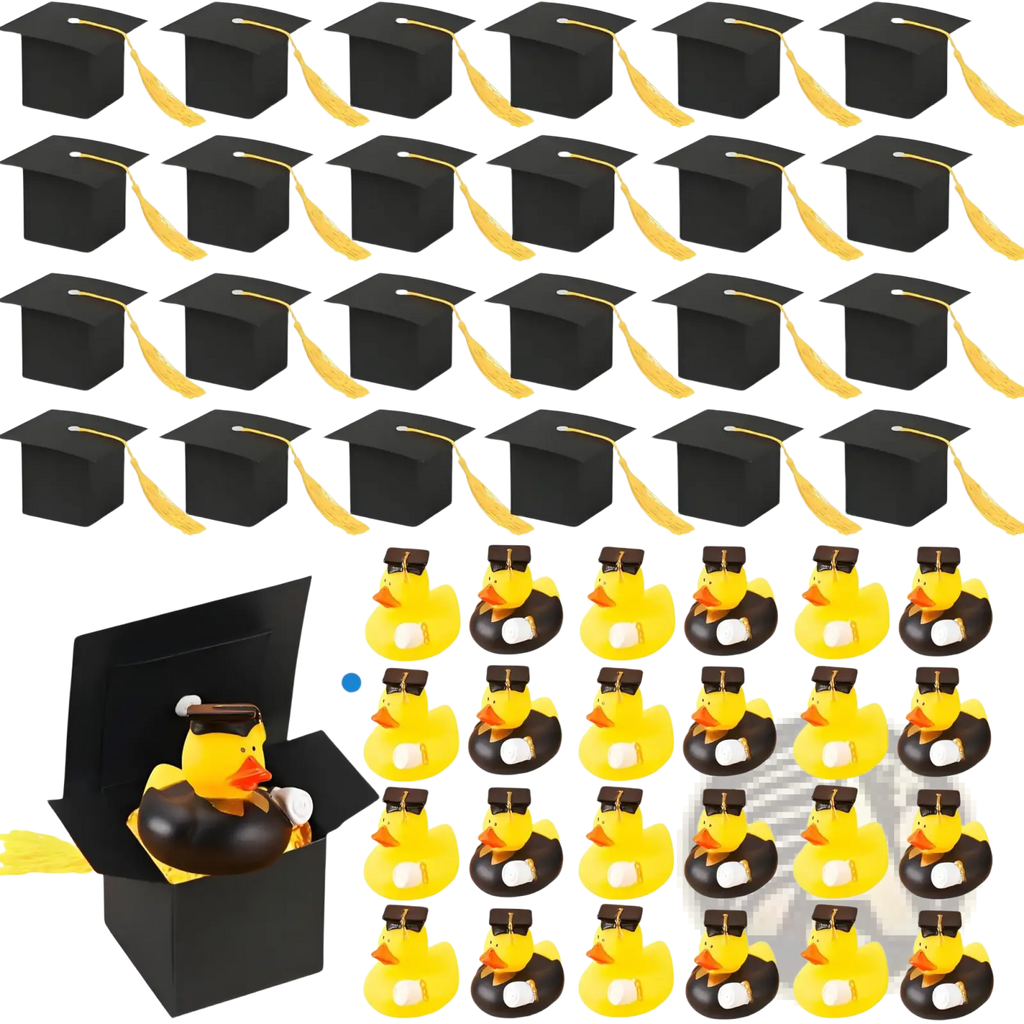Graduation rubber duck party favor in black cap with yellow tassel holding a white diploma and candy boxes