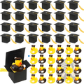 Graduation rubber duck party favor in black cap with yellow tassel holding a white diploma and candy boxes