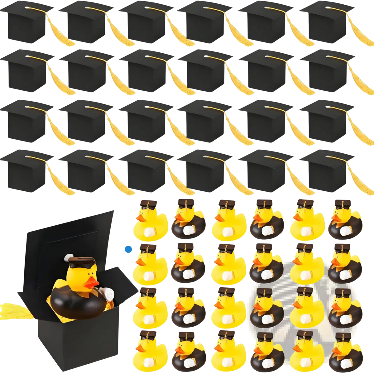 Graduation rubber duck party favor in black cap with yellow tassel holding a white diploma and candy boxes