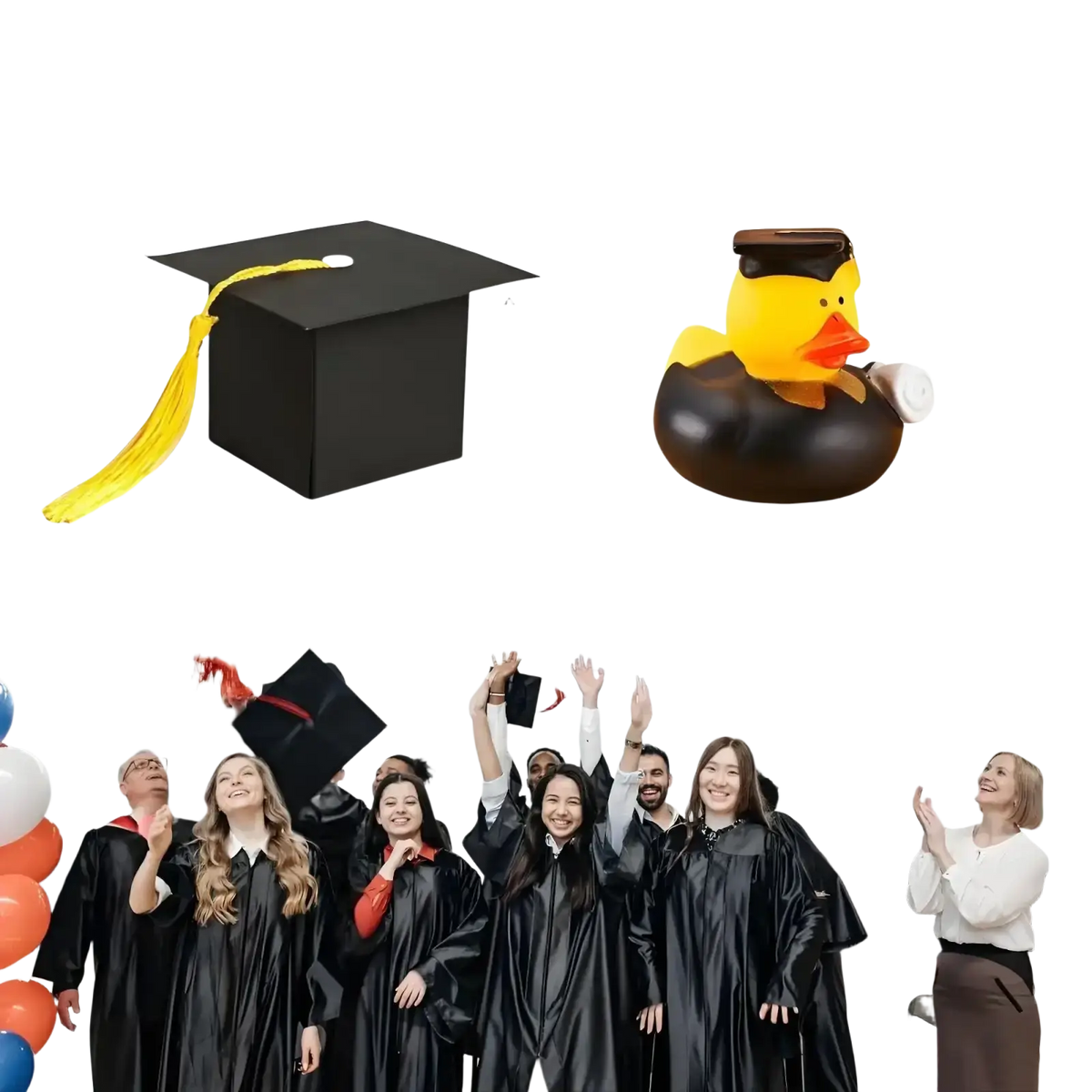 Black graduation cap with yellow tassel on a graduation rubber duck party favor with candy box accessory