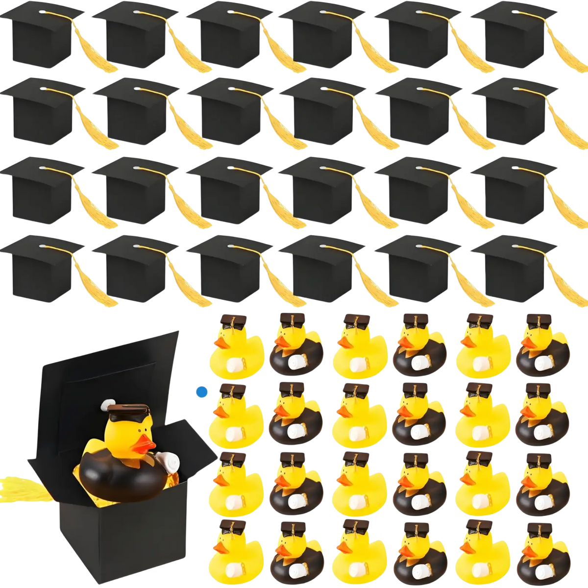 Graduation rubber duck party favor in black cap with yellow tassel holding a white diploma and candy boxes