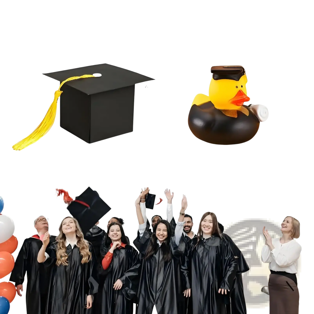 Black graduation cap rubber duck with yellow tassel 2.36 inches for party favors with candy boxes