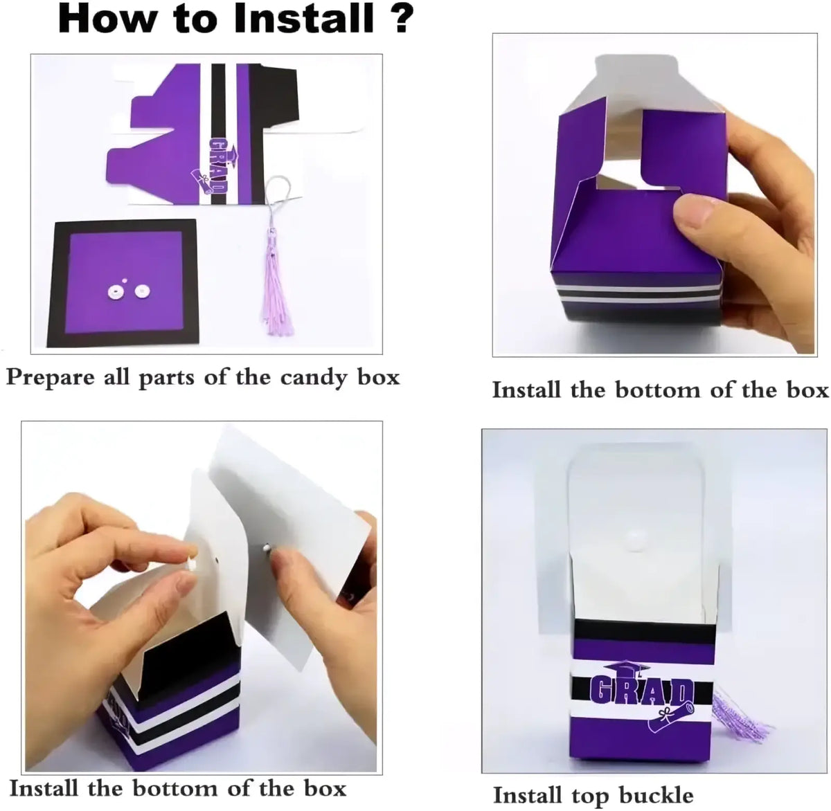 Purple and black paper candy box with white stripes and grad design tassel for graduation rubber duck party favors