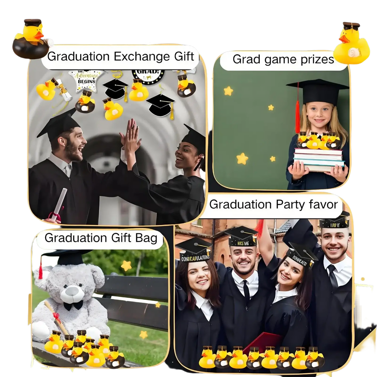 Yellow rubber duck graduation party favor wearing a black mortarboard hat with gold tassel and candy box accessory