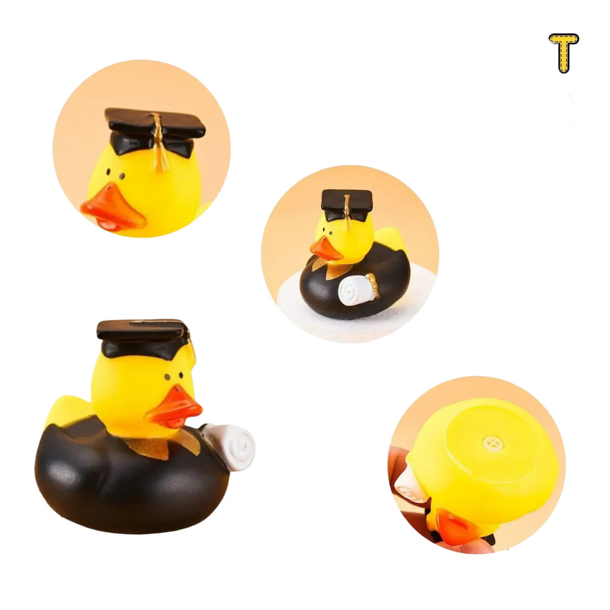 Yellow rubber duck graduation party favor wearing black cap and holding diploma with candy boxes included