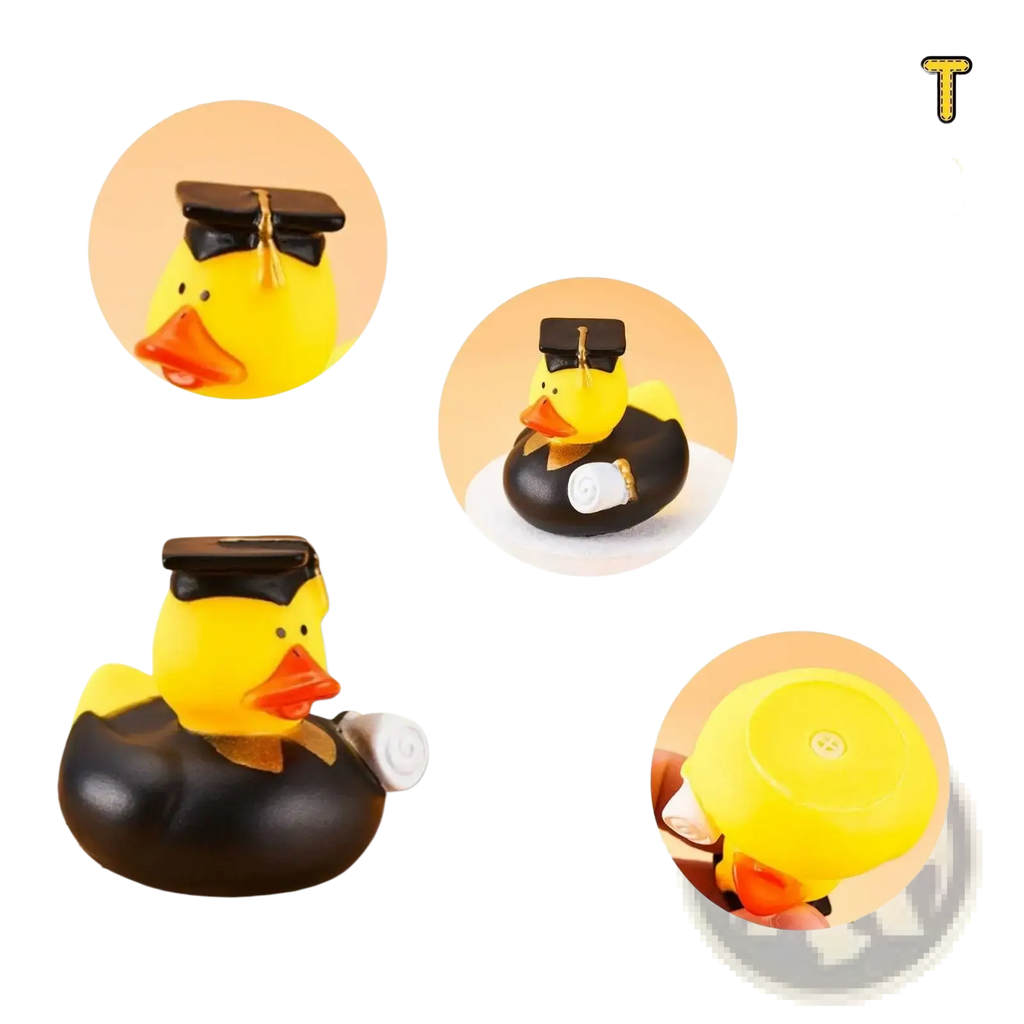 Yellow rubber duck graduation party favor wearing black cap and holding diploma with candy boxes included