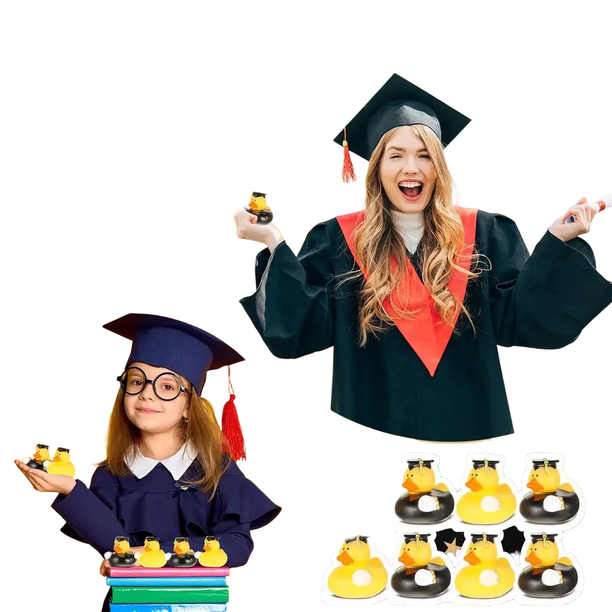 Yellow and black rubber duck graduation party favors wearing caps paired with candy boxes for celebrations
