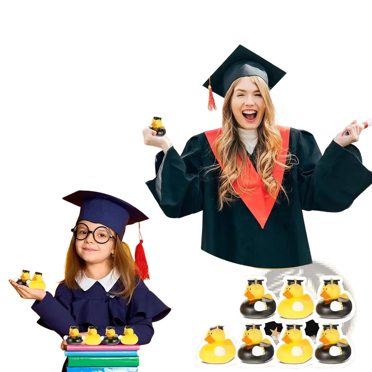Yellow and black rubber duck graduation party favors wearing caps paired with candy boxes for celebrations