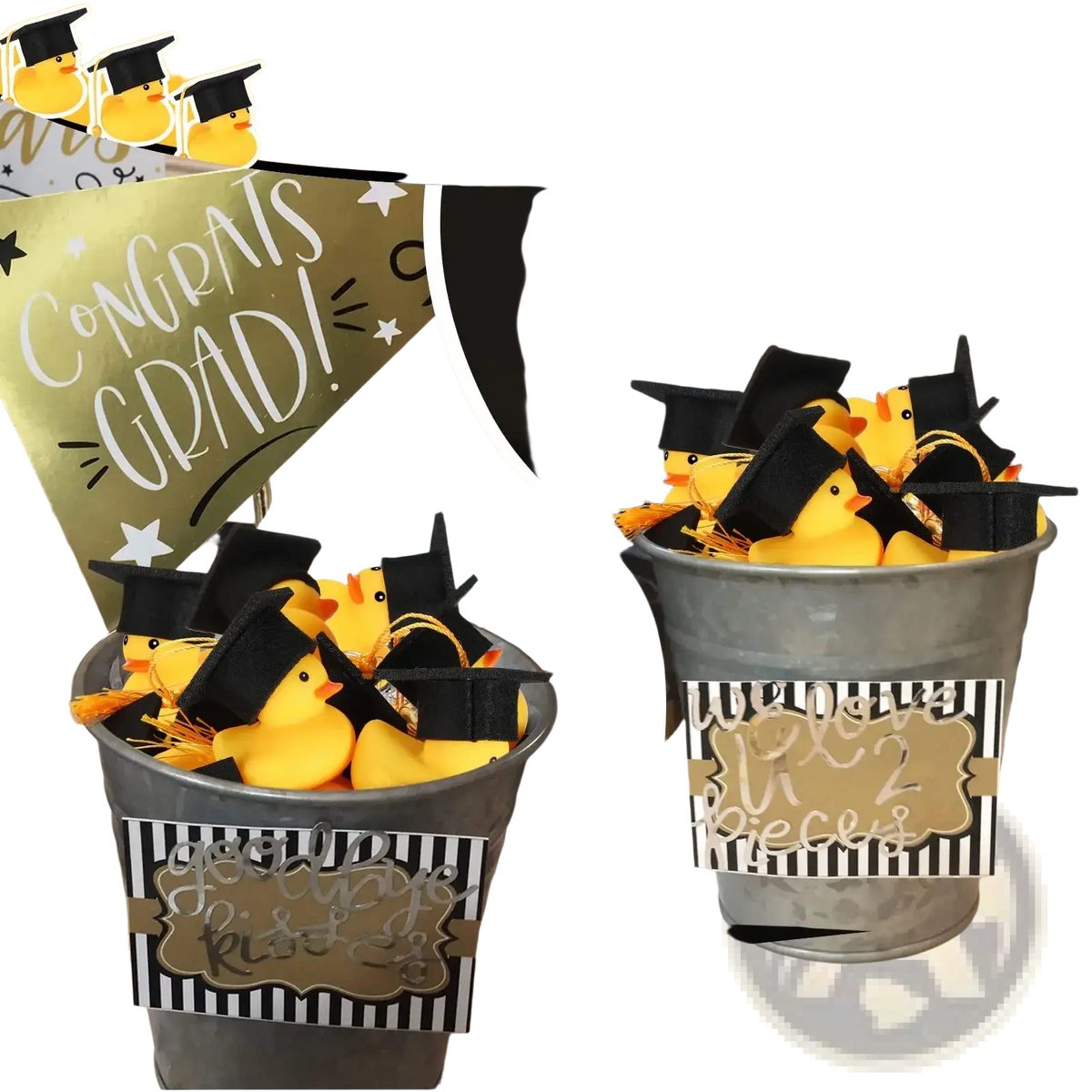 Metallic gray galvanized buckets filled with yellow graduation rubber ducks wearing black caps for celebration gifts