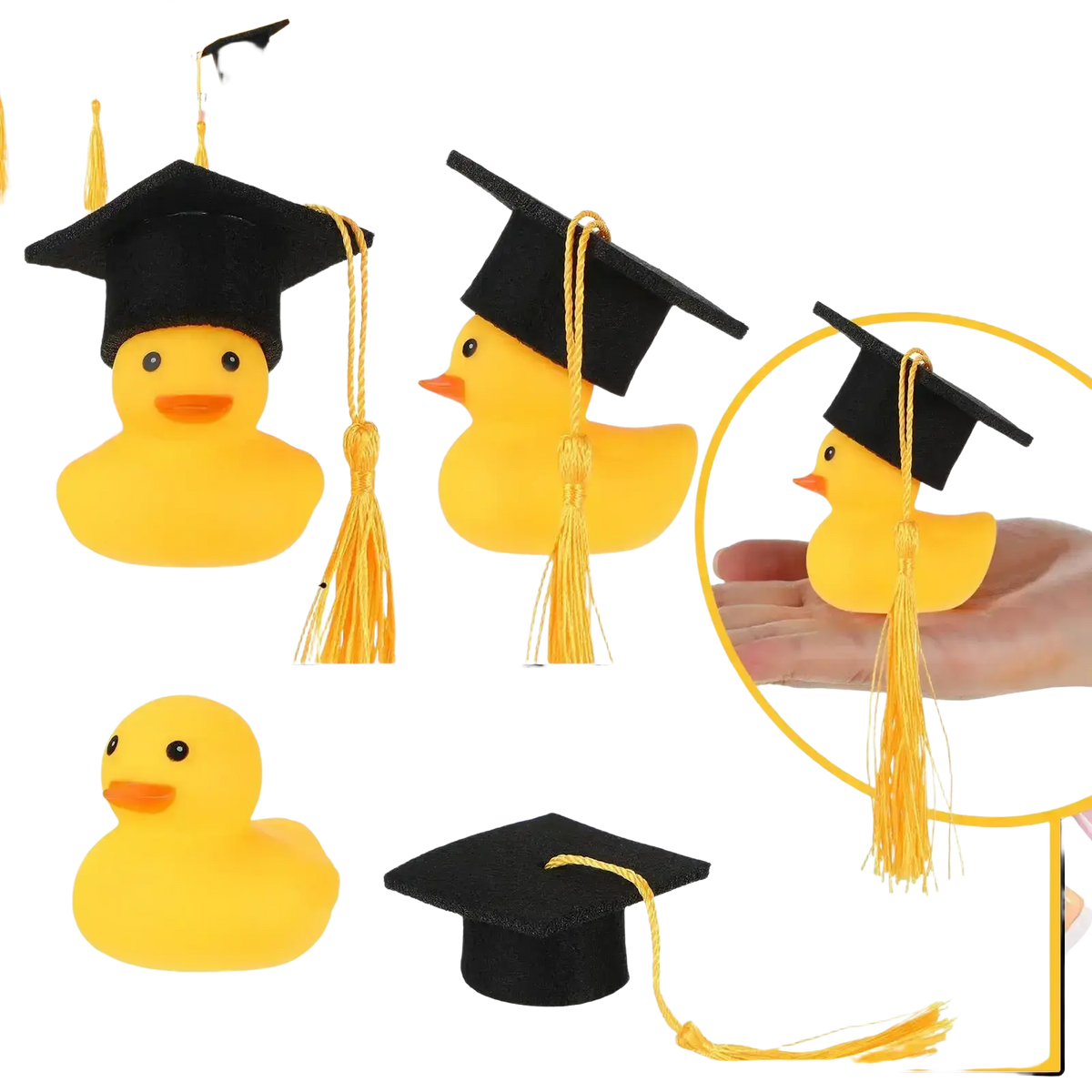 Yellow rubber graduation rubber duck wearing a black graduation cap with a gold tassel for celebrations