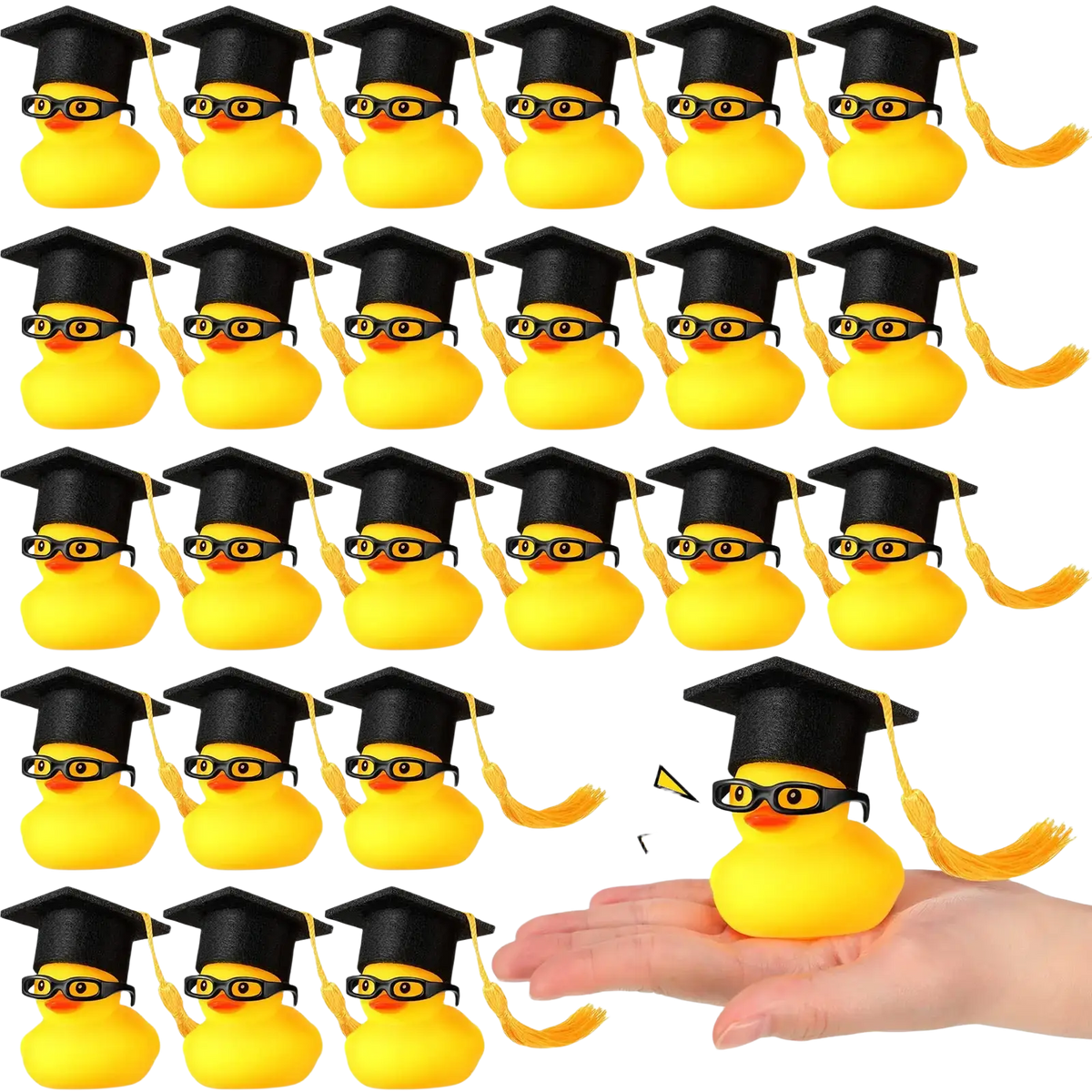 Yellow rubber graduation duck wearing a black cap with yellow tassel and black-framed glasses for celebration