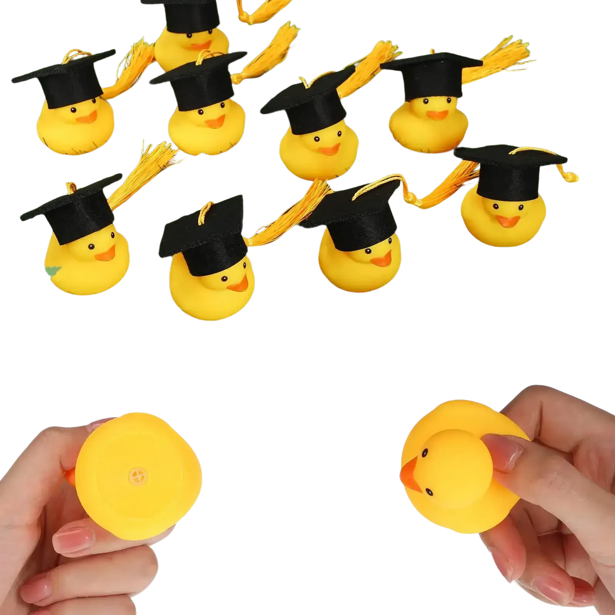 Yellow rubber graduation rubber duck stress ball with cap designed as a graduation rubber ducks collectible toy