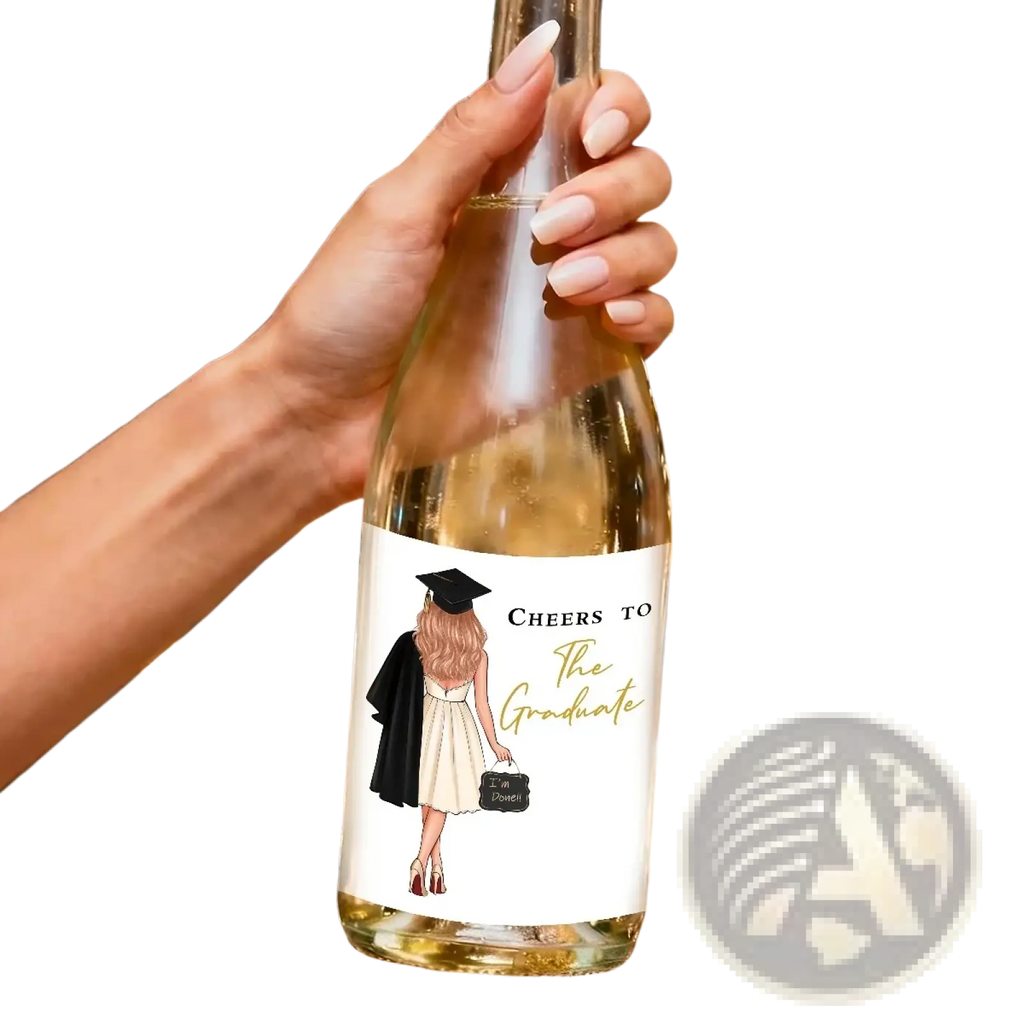 A clear glass champagne bottle with a white label showing a graduate in a black cap and gown holding a suitcase