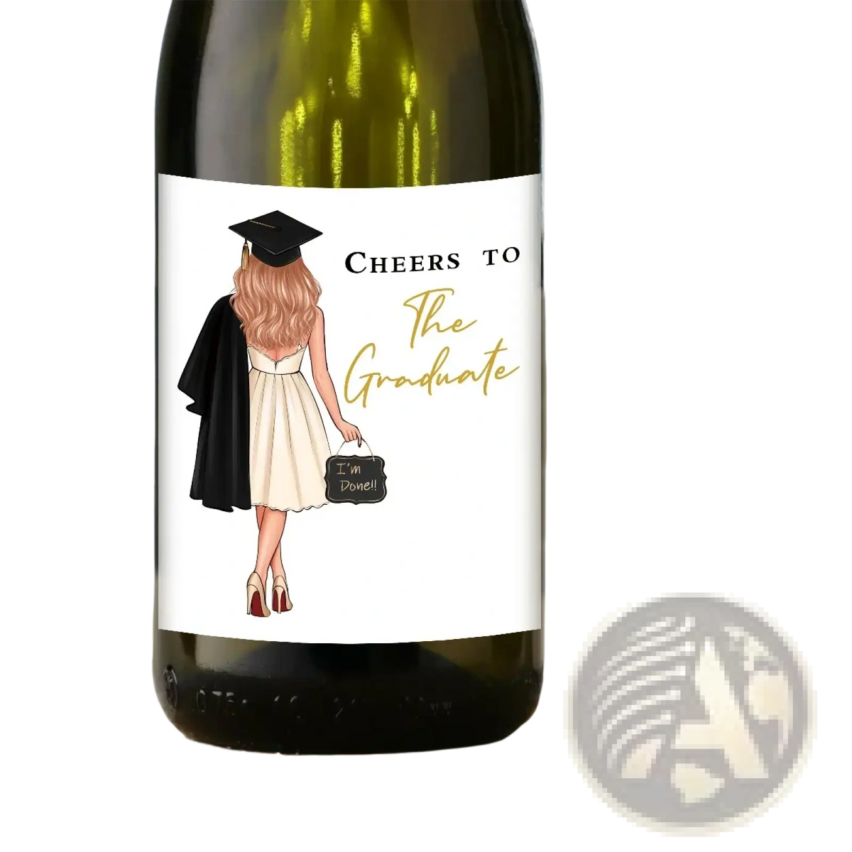 Graduation wine bottle label pack featuring dark green bottles with white labels and gold cheers to the graduate text