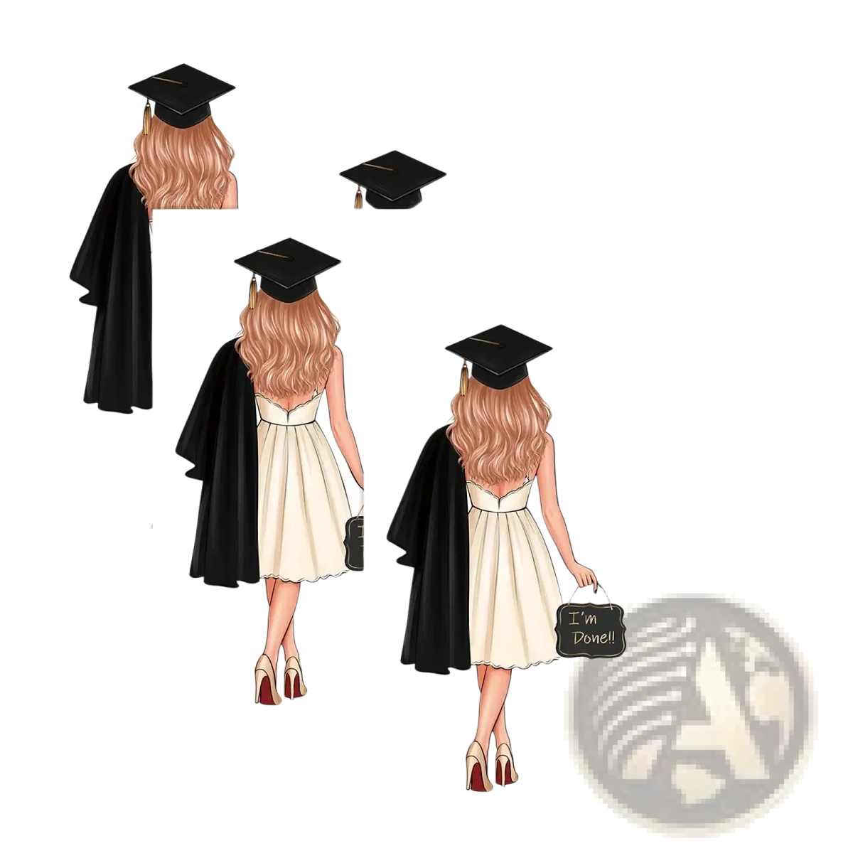 Graduation wine bottle labels 4 pack featuring illustrated woman in black cap and gown holding chalkboard purse saying im done