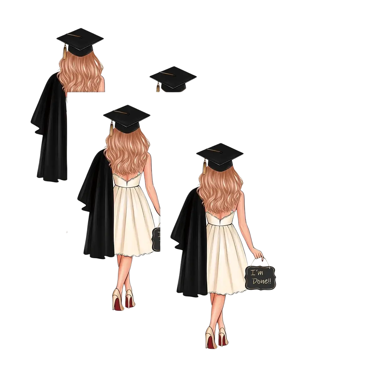 Graduation wine bottle labels 4 pack featuring illustrated woman in black cap and gown holding chalkboard purse saying im done
