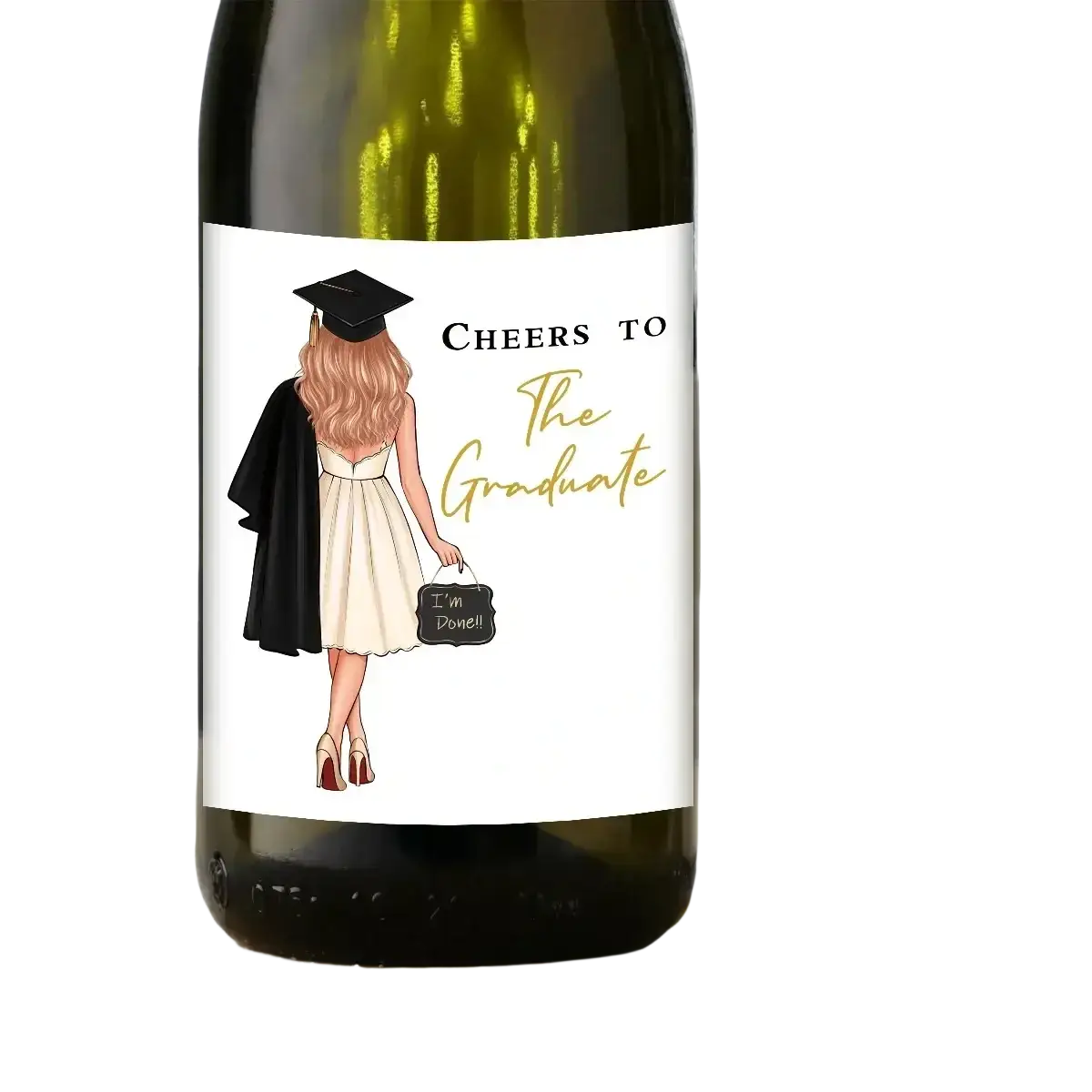 A white wine bottle with a custom graduation wine bottle label featuring an illustrated graduate holding a chalkboard