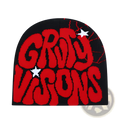 Black knit beanie hat with bold red groovy visions lettering white stars and splatter details grady visions knit beanie hat