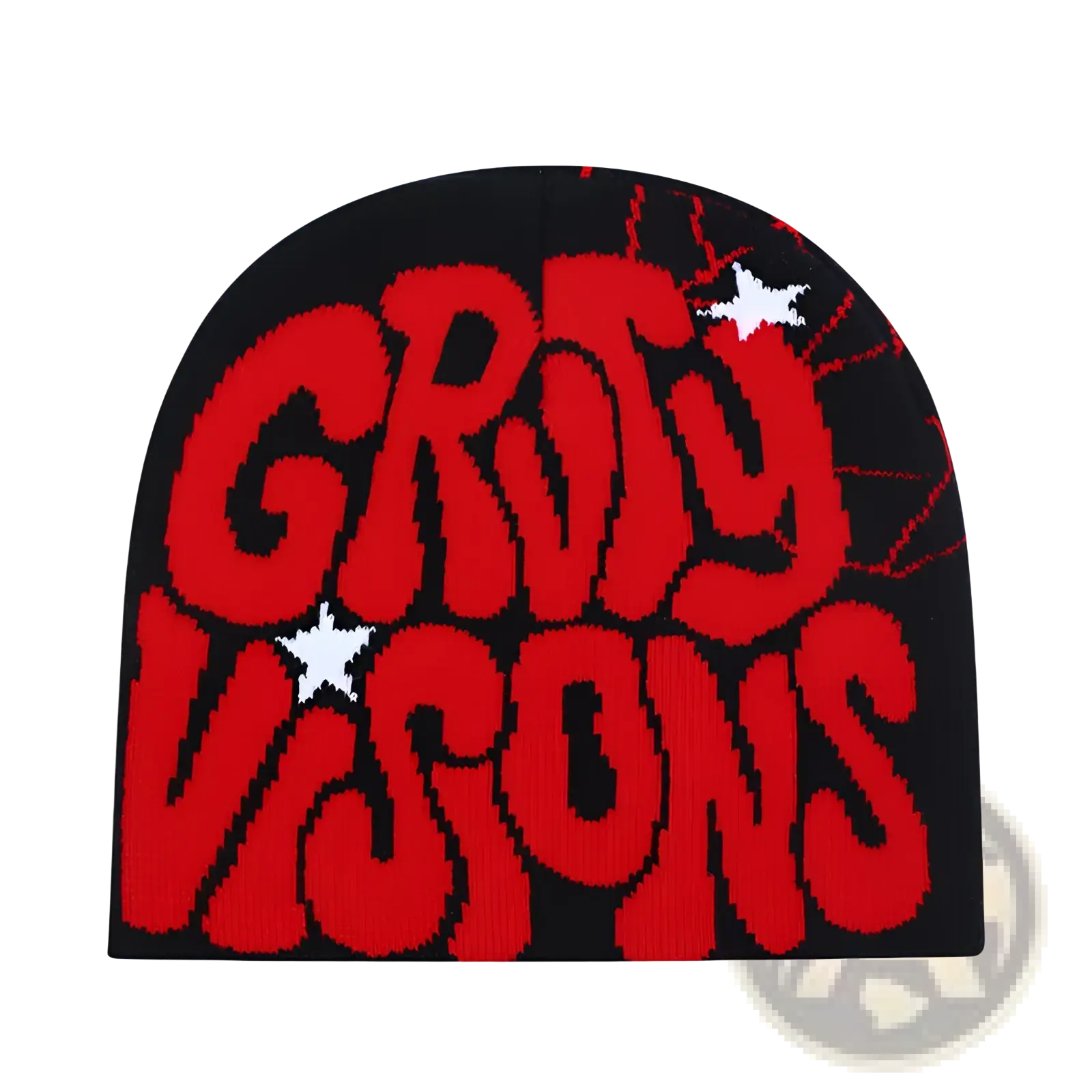 Black knit beanie hat with bold red groovy visions lettering white stars and splatter details grady visions knit beanie hat