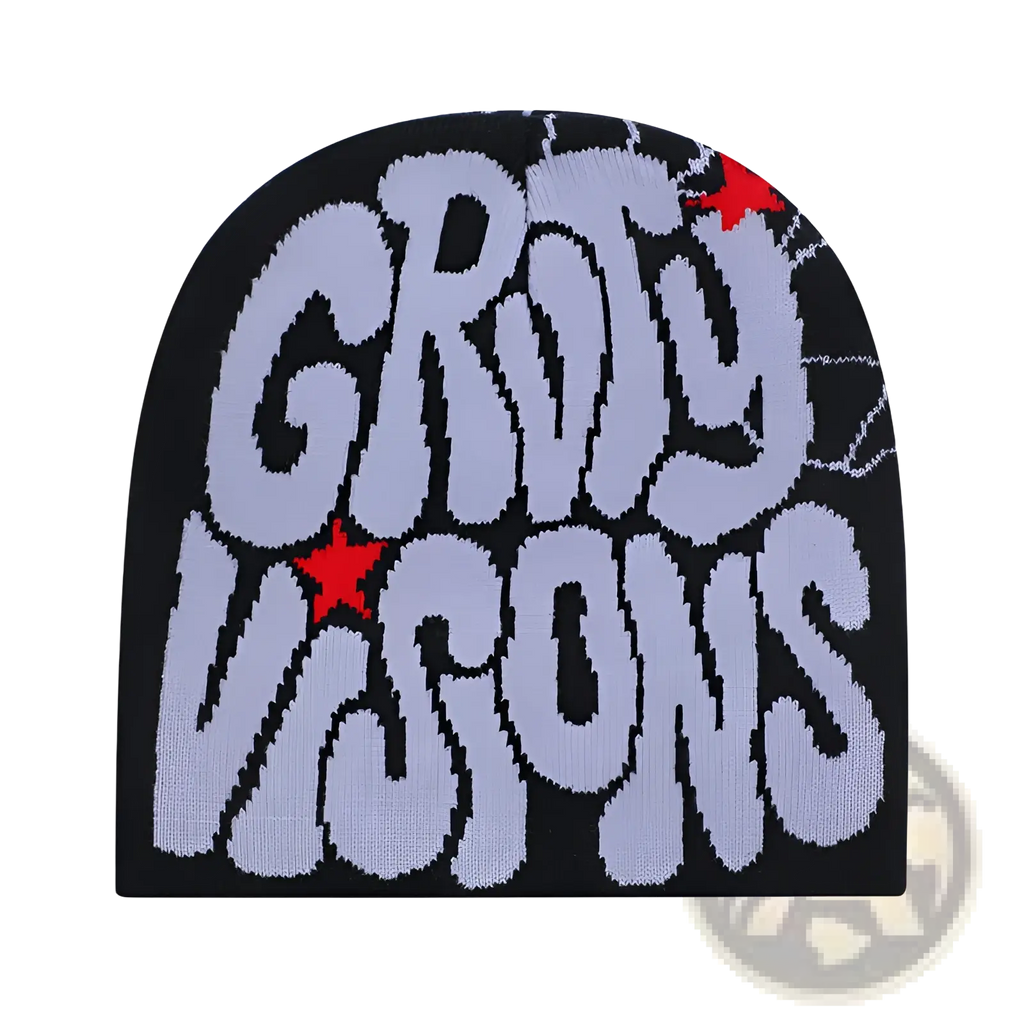 Black knit Grady Visions beanie hat with bold light gray lettering and red star accents for stylish warmth