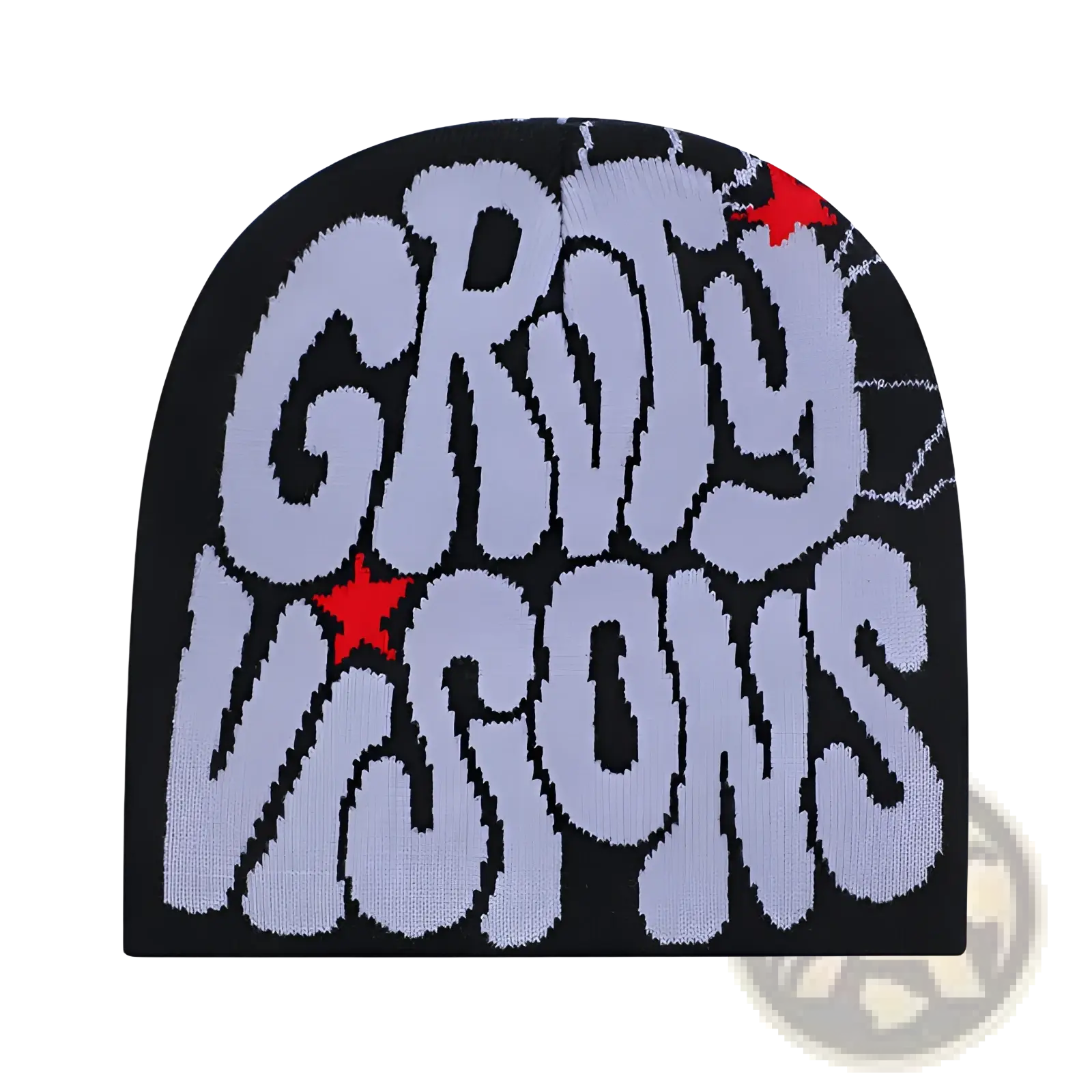 Black knit Grady Visions beanie hat with bold light gray lettering and red star accents for stylish warmth